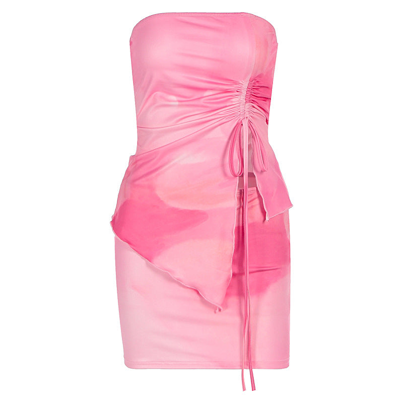 Conjunto de dos piezas con top de tubo plisado y falda ajustada con estampado sexy para mujer