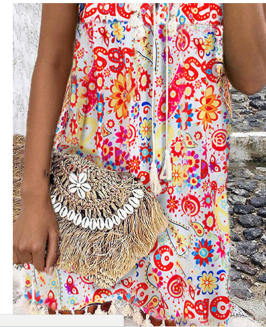 Women Bohemian Sleeveless Tassel Fashion V-Neck Dress