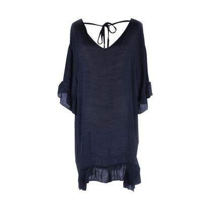 Vestido playero informal de color liso con cuello en V y volantes para mujer