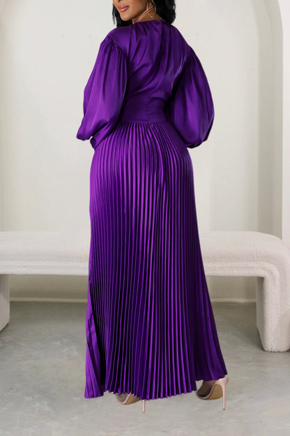Vestido largo plisado de color liso con cuello redondo para mujer