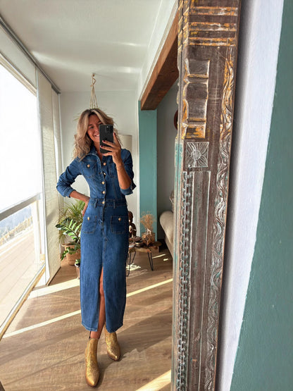 Vestido vaquero informal de manga larga para mujer