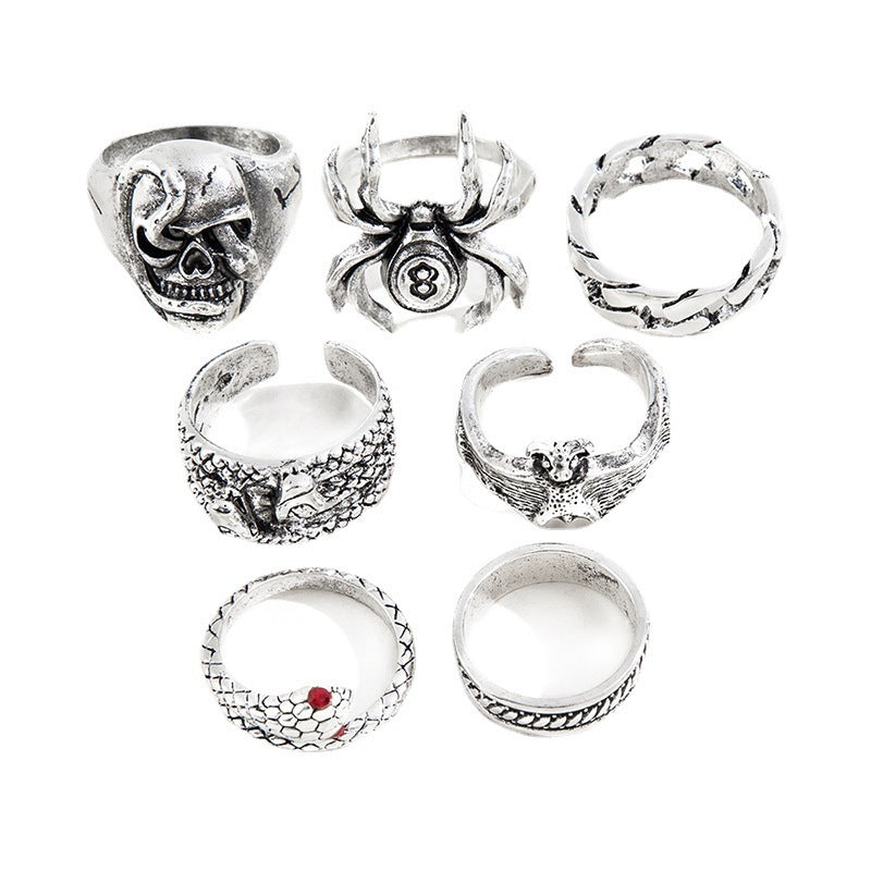 Men'S Fashion Retro Spider Snake Bat Skull Ring Set