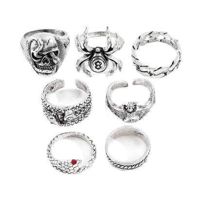 Men'S Fashion Retro Spider Snake Bat Skull Ring Set
