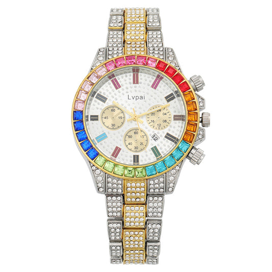 Women Fashion Colored Rhinestone Calendar Watch - Elegant Alloy Strap
