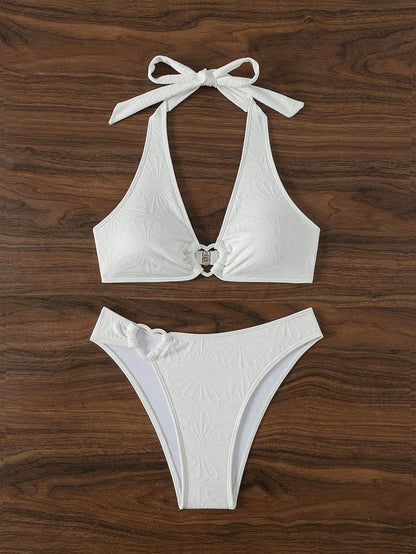 Bikini sexy de cuello halter de color sólido a la moda para mujer