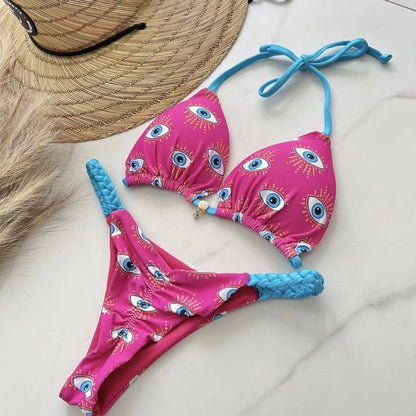 Traje de baño bikini sexy con cuello halter y estampado a la moda para mujer