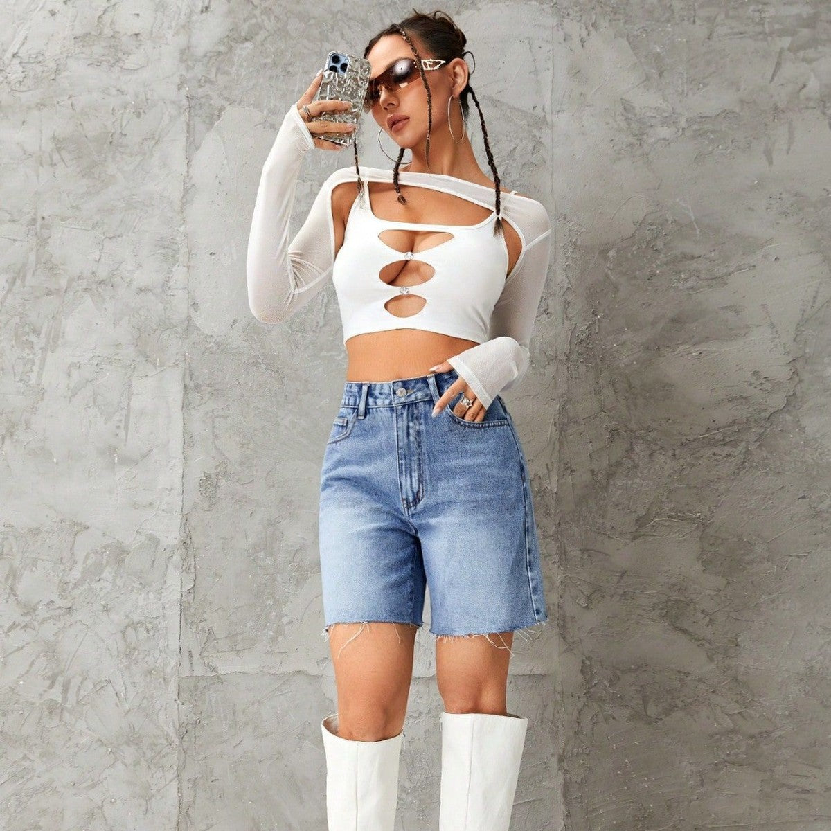 Pantalones cortos vaqueros de cintura alta informales de moda para mujer con algodón y poliéster