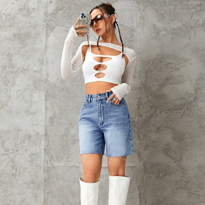 Pantalones cortos vaqueros de cintura alta informales de moda para mujer con algodón y poliéster