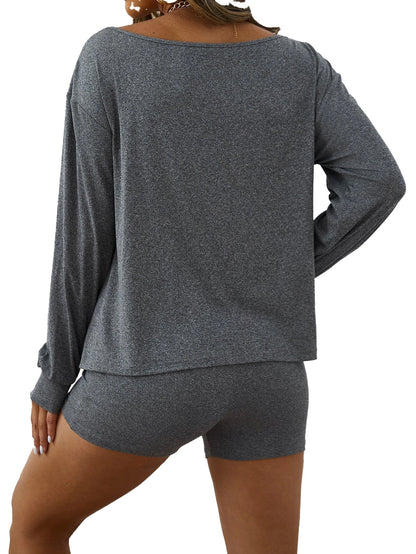 Long Sleeve Maternity Top and Shorts Set in Grey Cotton Blend