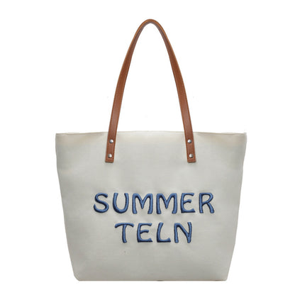 Women Fashion Embroidered Letter Canvas Tote Bag with Zipper