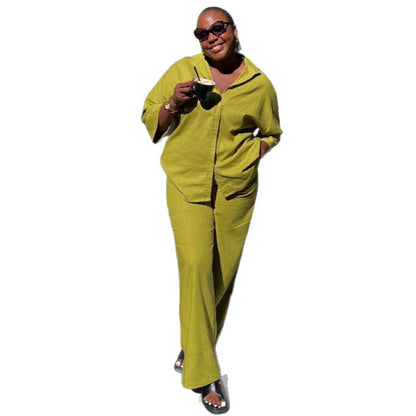 Women Fashion Casual Solid Color Lapel Button Shirt and Trousers Set