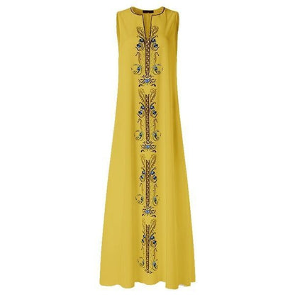 Vestido largo informal holgado con escote en V, sin mangas y estampado bohemio vintage para mujer