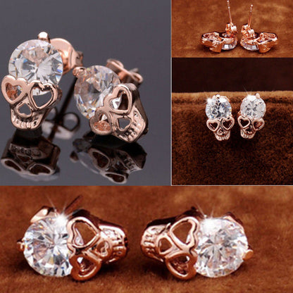 Women Rose Gold Tone Crystal Skull Stud Earrings