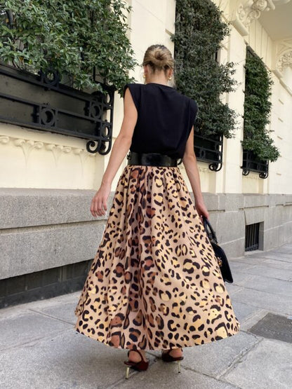 Falda larga elegante con estampado de leopardo para mujer