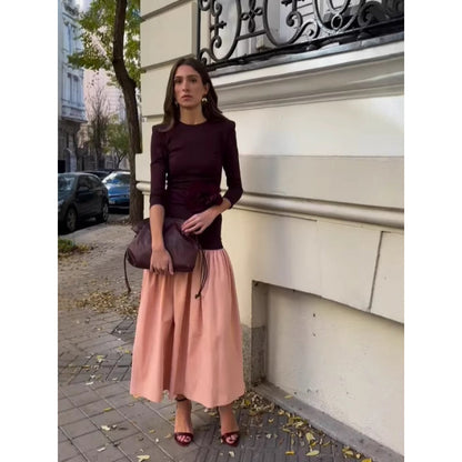 Vestido largo elegante de patchwork de manga larga a la moda para mujer