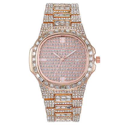 Women Fashion Rhinestone Square Dial Calendar Watch - Metal Strap