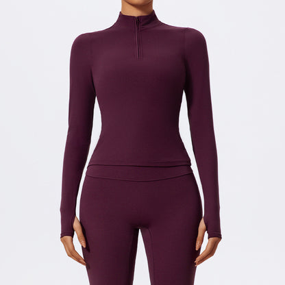 Haut de yoga à manches longues et demi-fermeture éclair pour femme, couleur unie, avec élasthanne