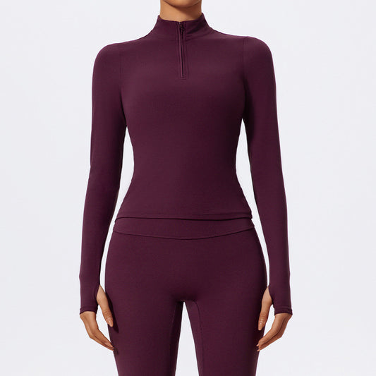 Top de yoga de manga larga con media cremallera y elastano, color liso, para mujer