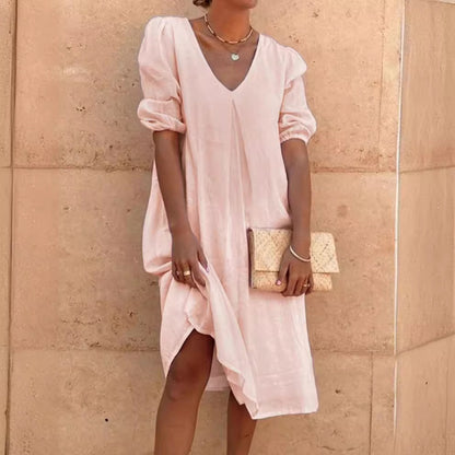 Women Casual Long Sleeve Cotton Linen Dress