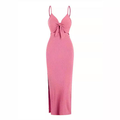 Women Elegant Sleeveless Slim-Fit Solid Color Dress - V-Neck Backless Style