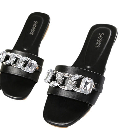 Women Fashion Casual Metal Buckle Square-Toe Flat Slippers