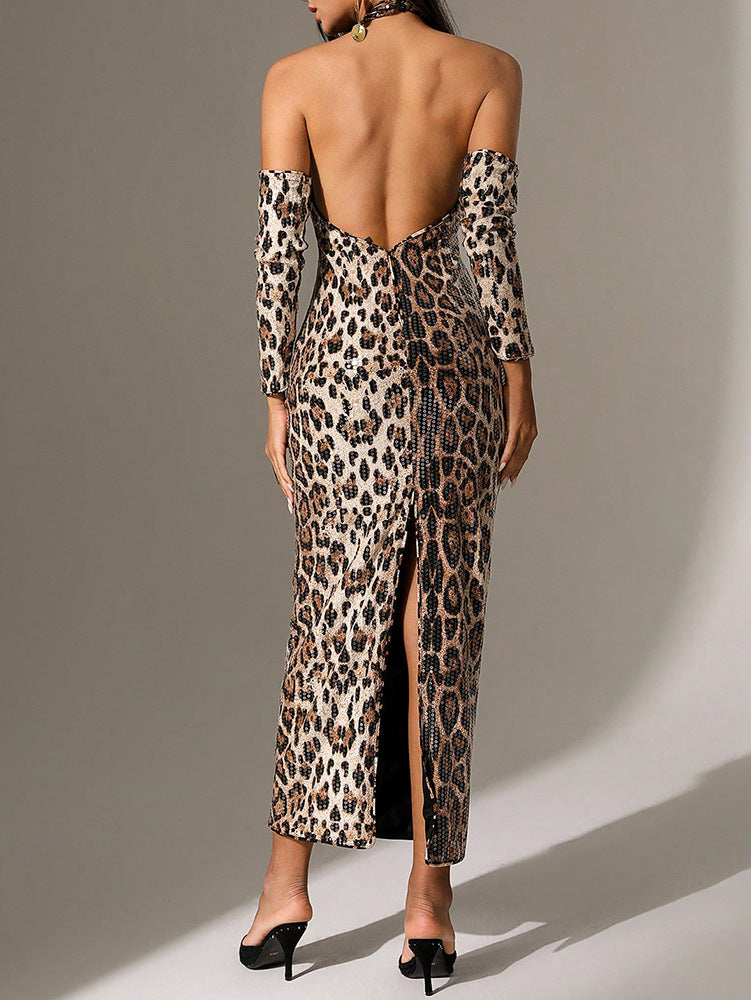 Robe sexy à col licou et sequins léopard tendance pour femme