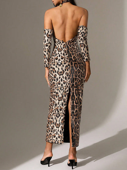 Robe sexy à col licou et sequins léopard tendance pour femme