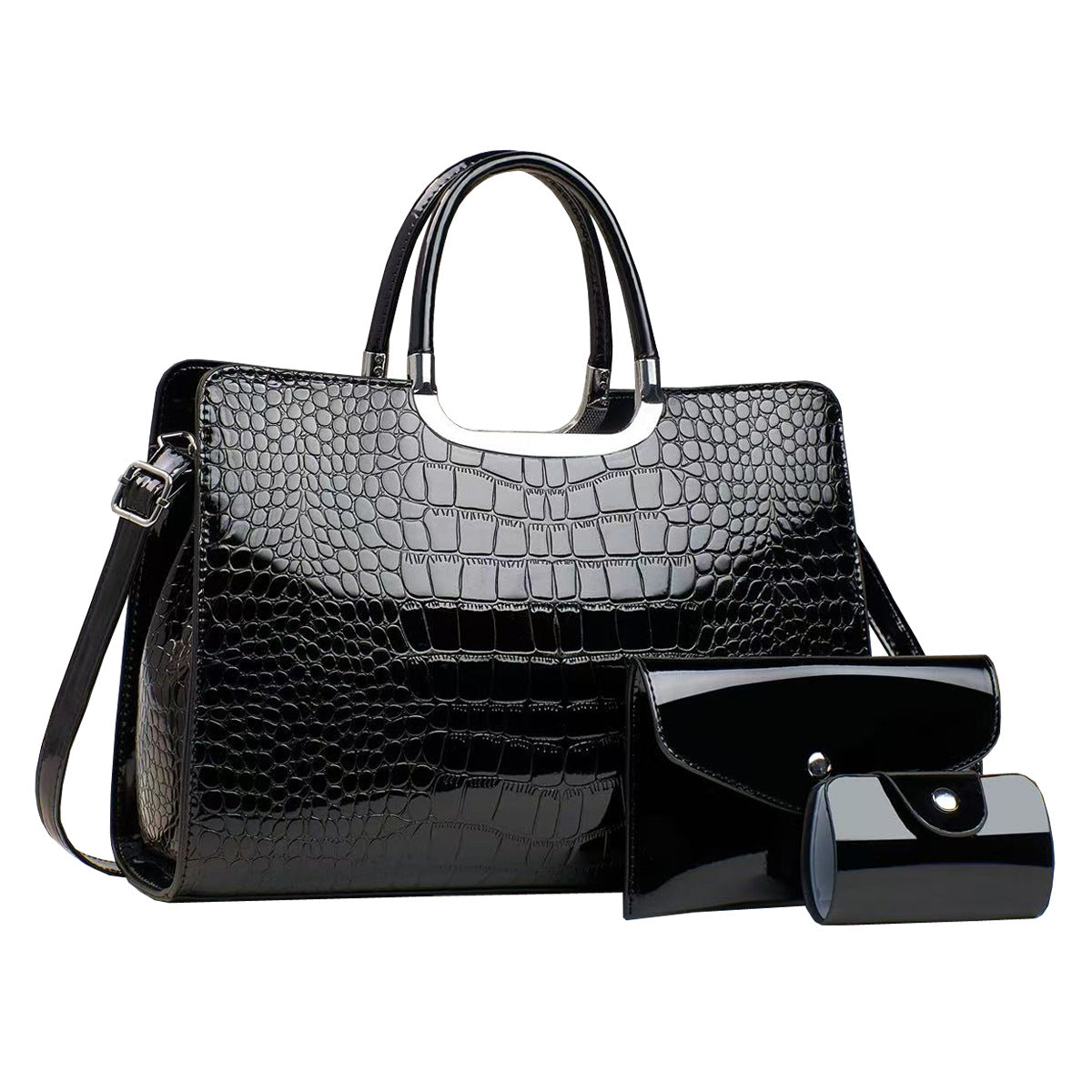 Conjunto de bolso de mano de charol con estampado de cocodrilo de color liso informal para mujer