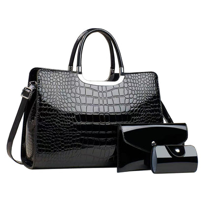 Conjunto de bolso de mano de charol con estampado de cocodrilo de color liso informal para mujer
