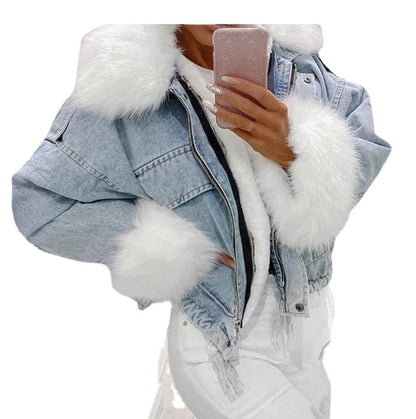 Chaqueta vaquera de invierno con cuello de peluche para mujer - Prenda exterior informal de manga larga