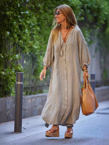 Vestido largo elegante de lino y algodón informal a la moda para mujer