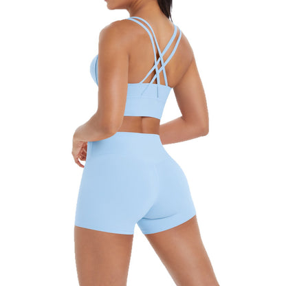 Women Casual Solid Color Tank Top and Tight Shorts Two-Piece Set for Yoga and Sports