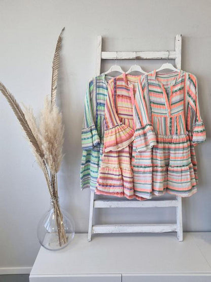 Women Bohemian Geometric Print Color Blocking Loose V-Neck Dress