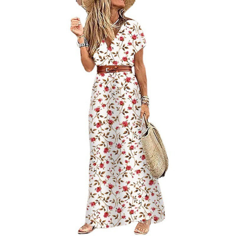 Women Fashion Bohemian V-Neck Tiny Flower Print Short Sleeve Maxi Dress
