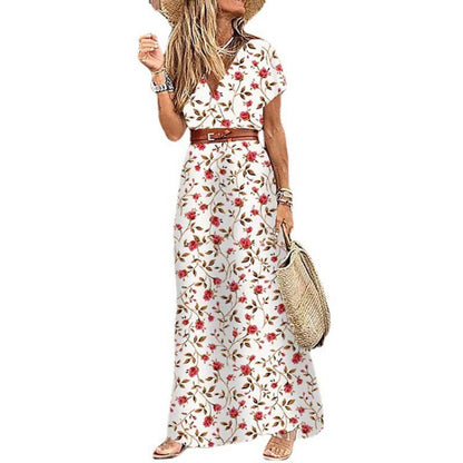 Women Fashion Bohemian V-Neck Tiny Flower Print Short Sleeve Maxi Dress