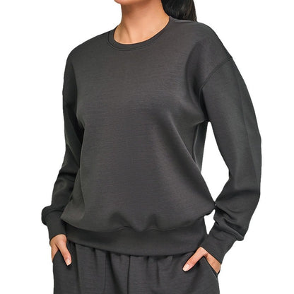 Sweat-shirt décontracté à manches longues pour femme, couleur unie, simple