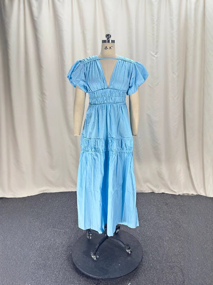 Women Casual Solid Cotton V-Neck Maxi Dress