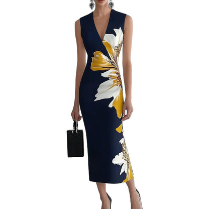 Robe mi-longue élégante à imprimé floral et col en V sans manches pour femme
