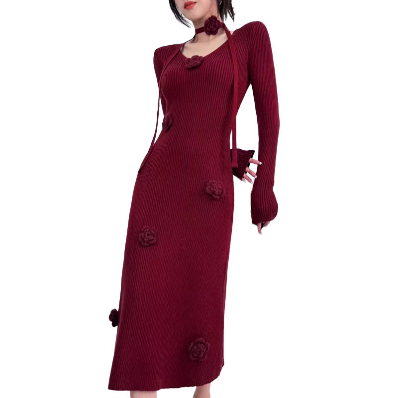 Vestido midi de punto con mangas largas y cuello en V para mujer