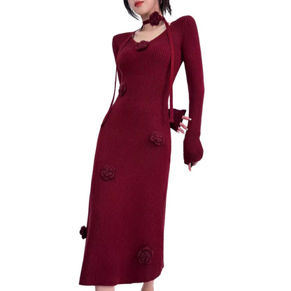 Vestido midi de punto con mangas largas y cuello en V para mujer