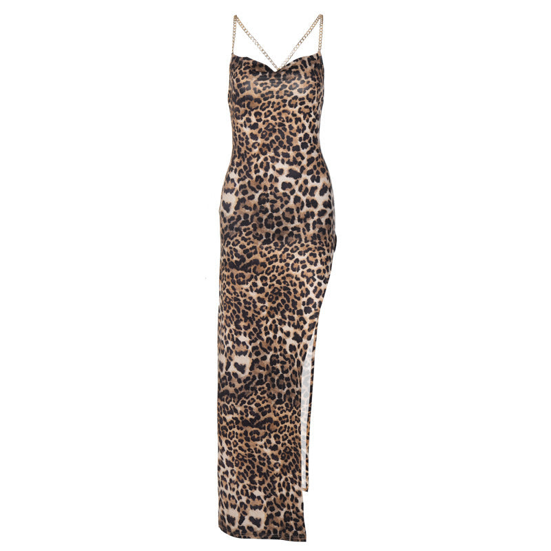Women Fashion Sexy Leopard Print Sleeveless Backless Dress