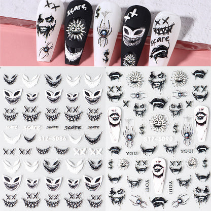 Autocollant pour ongles en relief 5D en forme d'araignée pour femme, motif clown et lèvres, simple et tridimensionnel, pour Halloween