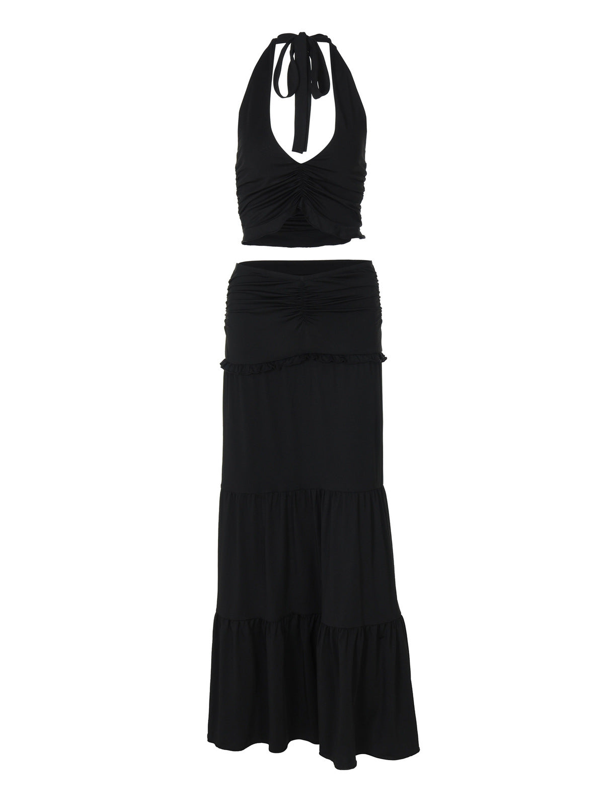 Women Fashion Sexy Solid Color Crop Top and Pleated Skirt Set