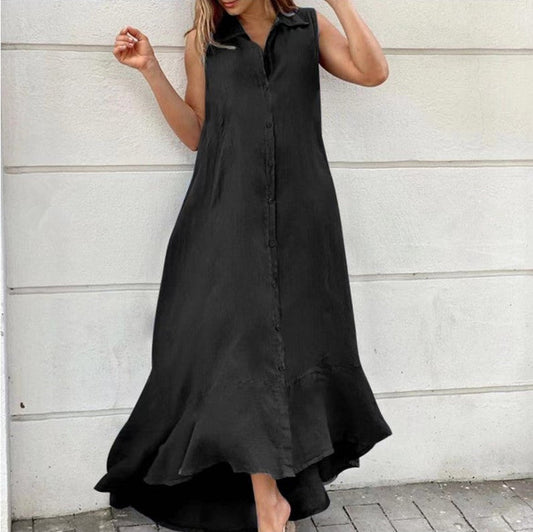 Vestido largo informal sin mangas con solapa para mujer