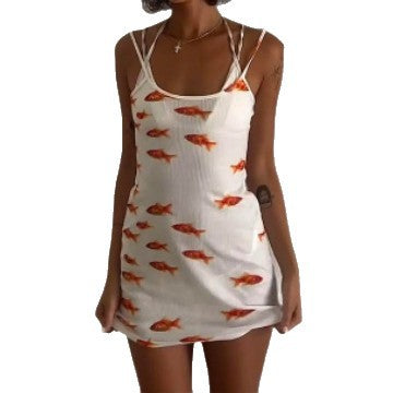 Women Sleeveless Goldfish Print Tight Dress Polyester Stylish