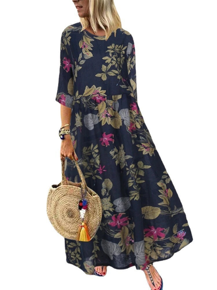 Vestido elegante bohemio de verano con mangas cortas y cuello redondo floral para mujer