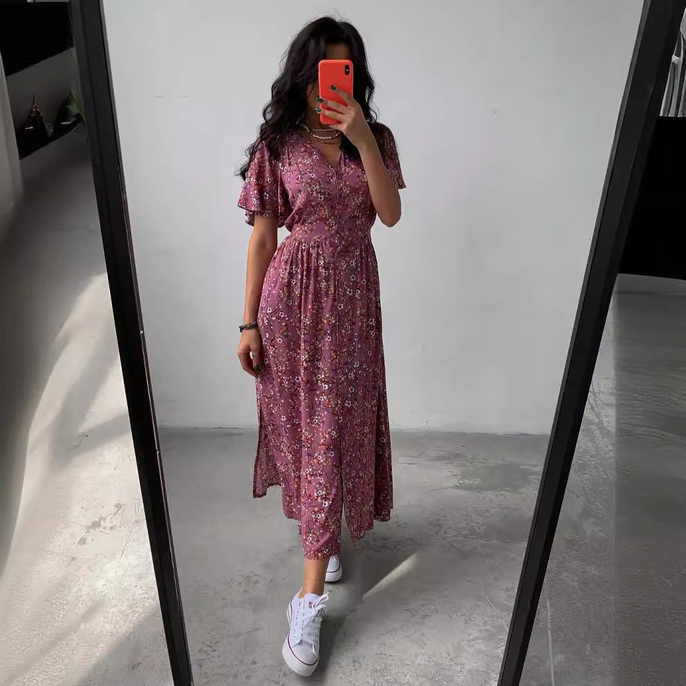 Vestido holgado informal con estampado floral, escote en V y manga corta para mujer