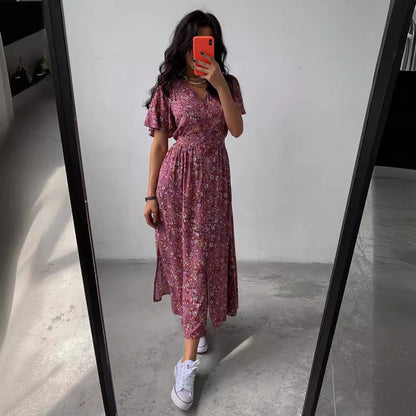 Vestido holgado informal con estampado floral, escote en V y manga corta para mujer
