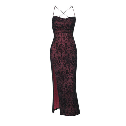 Robe élégante gothique à bretelles spaghetti floquées pour femme