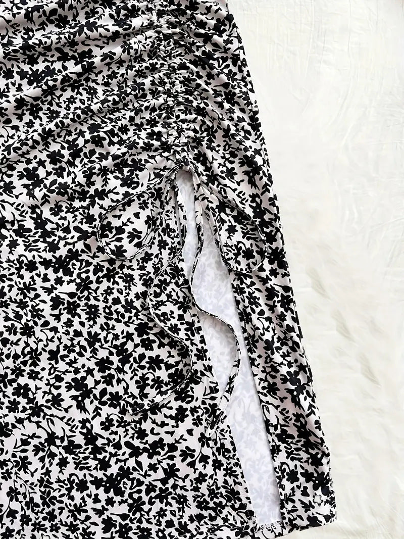 Falda de cintura alta con cordón y estampado floral para mujer - Estilo elegante de largo medio